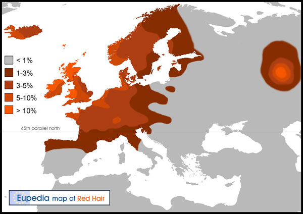 Distribution of modern humans of both sexes with red hair in Europe